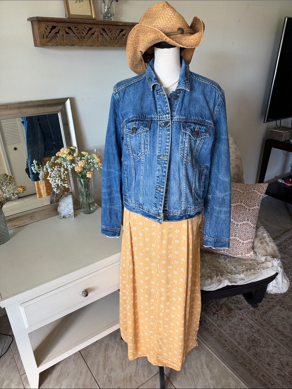 April Cornell Vtg cottage ditzy floral mustard A line shift maxi skirt XL